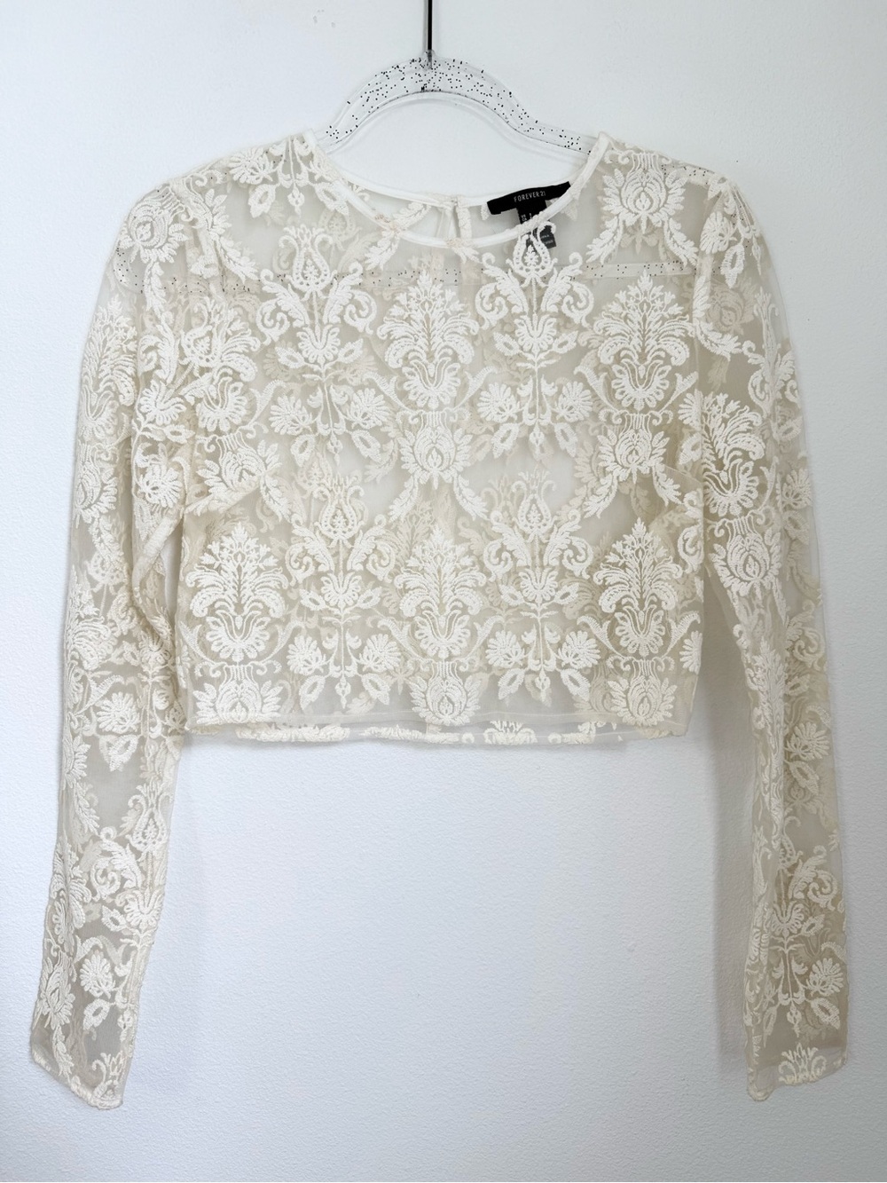Forever 21 Sheer Mesh White Lace Embroidered Long Sleeve Top Blouse Size S